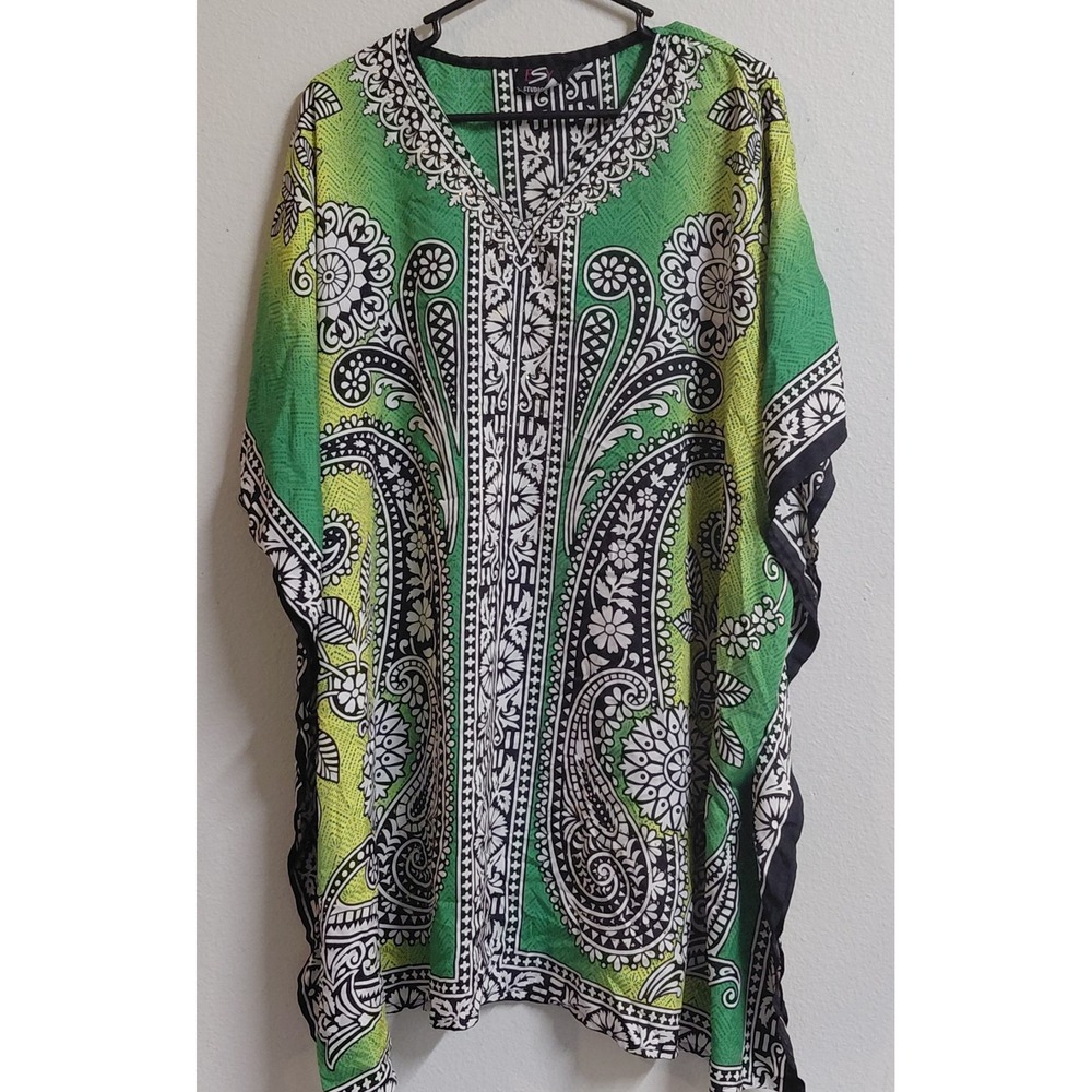 Studio EY Women's One Size Green Paisley Kaftan Poncho Tunic Gold Glitter Boho